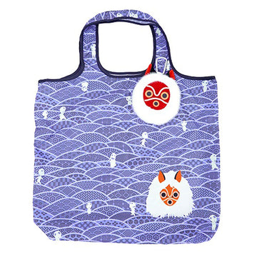 Reusable shopping bag with wave pattern and character from Princess Mononoke on a white background